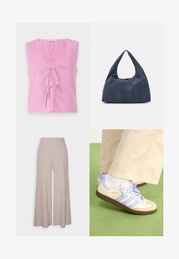 Pink linen sleeveless top with a V-neck and adjustable tie closure. Features a relaxed fit and smooth texture. Label visible at the neckline.; Light grey wide-leg trousers made of soft, ribbed fabric, featuring a high waistband and full-length legs with subtle texture.; Cream and lavender sneakers with three stripes and a textured brown sole, featuring laces and a padded heel. Soft fabric upper.; Dark blue denim bag with a soft, slouchy shape, featuring a hobo-style handle and textured surface. No visible hardware accents.