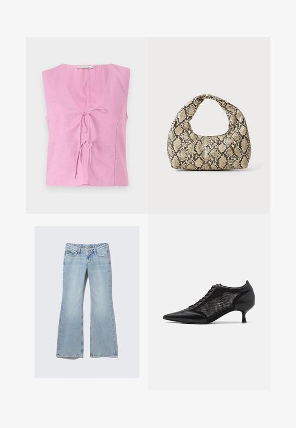 Roze linnen mouwloos topje met een V-hals en verstelbare striksluiting. Beschikt over een losse pasvorm en een gladde textuur. Etiket zichtbaar bij de halslijn.; Weekday NOVA - Slim fit jeans - lip blue; Zwarte schoen met spitse neus en een ontwerp met gaaspanelen, voorzien van een lage hak en vetersluiting. Gemaakt van een combinatie van leer en gaasmateriaal.; Slangpatroon handtas met een gebogen handvat. Gemaakt van gestructureerde, beige en bruine materialen, met een kenmerkend ruitpatroon.