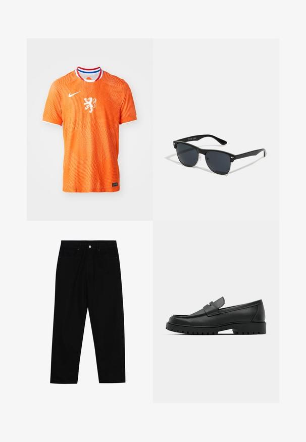Oranžs sporta krekls, kas izgatavots no elpojoša auduma, ar punktveida rakstu, apaļu kakla izgriezumu ar sarkaniem, baltajiem un zilo akcentiem, un lauvas emblematu.; Melni džinsi ar taisnu kāju griezumu, piecu kabatu dizainu un priekšēju pogu aizdari. Gluda tekstūra ar minimālu šuvju detaļu skaitu.; Melnas ādas loafers ar noapaļotu purngalu, ar izšūtu dizainu, zemu platformas zoli un teksturētu, rievotu gumijas ārējo zoli.; Melnas saulesbrilles ar taisnstūra formu, tumšiem stenģiem, sudraba akcentiem pie tempļiem un matētu apdari uz rāmja.