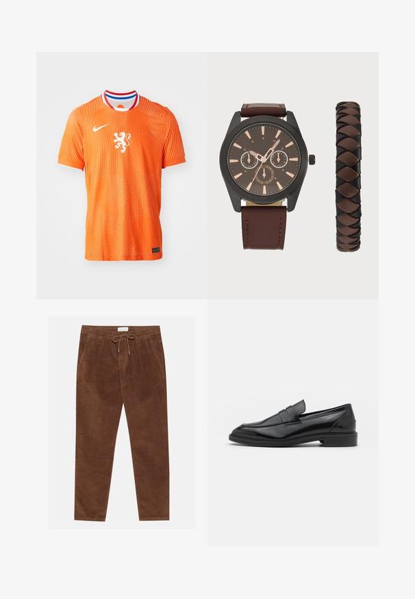 Oranges Sporttrikot aus atmungsaktivem Material mit gepunktetem Muster, Rundhalsausschnitt mit roten, weißen und blauen Akzenten sowie einem Löwenemblem.; Pier One Stoffhose - brown; Schwarze Lederloafers mit glatter Oberfläche, runder Spitze und schmalem Riemen über dem Obermaterial. Niedriger, gestapelter Absatz.; Pier One SET - Uhr - black/brown