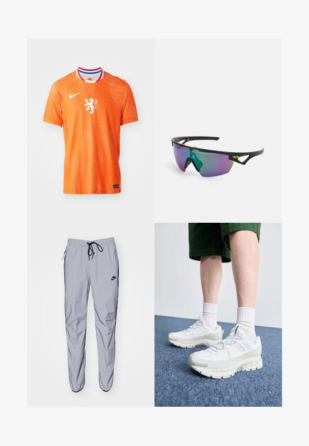 Oranges Sporttrikot aus atmungsaktivem Material mit gepunktetem Muster, Rundhalsausschnitt mit roten, weißen und blauen Akzenten sowie einem Löwenemblem.; Hellgraue Sweatpants aus einem glatten, leichten Stoff mit schwarzen Akzenten. Sie verfügen über einen elastischen Bund mit Kordelzug und seitlichen Taschen.; Weiße Sportschuhe mit strukturierten Überzügen, einer dicken Sohle und grauen Akzenten. Tragen mit weißen Crew-Socken und grünen Shorts auf einer blauen Oberfläche.; Sportsonnenbrille mit einem schwarzen Rahmen, großen Verlaufslinsen in lila und grünen Farbtönen sowie winkeligen Designelementen mit Logodetails.