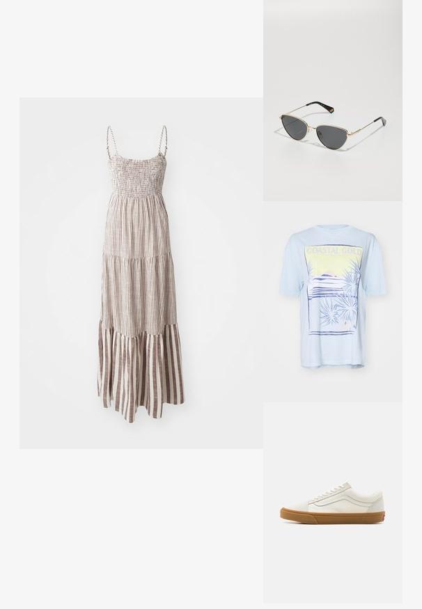 Himmelblaues T-Shirt mit kurzen Ärmeln und einem Küstengrafikdruck, der Palmenblätter, Berge und den Text 'COASTAL GOLD' in Gelb und Lila zeigt.; Maxikleid mit dünnen Trägern, gerafftem Oberteil und gestuftem Saum. Verfügt über abwechselnde braune und cremefarbene vertikale Streifen.; Weiße Canvas-Low-Top-Sneaker mit einer Sohle aus Gummirubber, runder Zehenform, Schnürverschluss und seitlichem Lederstreifen-Detail.; Sonnenbrille mit goldmetallic Rahmen, dunklen Gläsern, Katzenaugenform und schwarzen Bügeln, die auf einer Seite mit einem Regenbogenakzent versehen sind.
