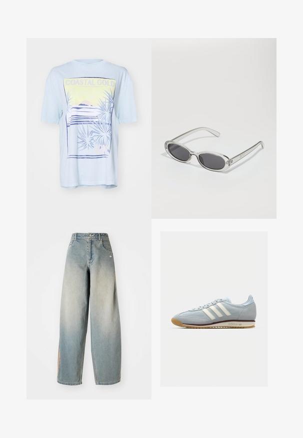 Svetlomodré tričko s krátkym rukávom s prímorským grafickým motívom, ktorý zobrazuje palmové listy, hory a text 'COASTAL GOLD' v žltej a fialovej farbe.; Svetlomodré riflové nohavice s širokými nohavicami a vyblednutým povrchom. Obsahujú predné vrecká, zapínanie na gombík a jemné logo na páske.; Svetlomodré semišové tenisky s bielymi tromi pruhmi, gumovou podrážkou a textúrovanou sieťovinou. Majú hladký špic a branding na päte.; Slnečné okuliare oválneho tvaru, s priehľadným plastovým rámom, tmavošedými šošovkami a tenkými priehľadnými ramienkami s logovými akcentmi a minimálnym detailovaním.