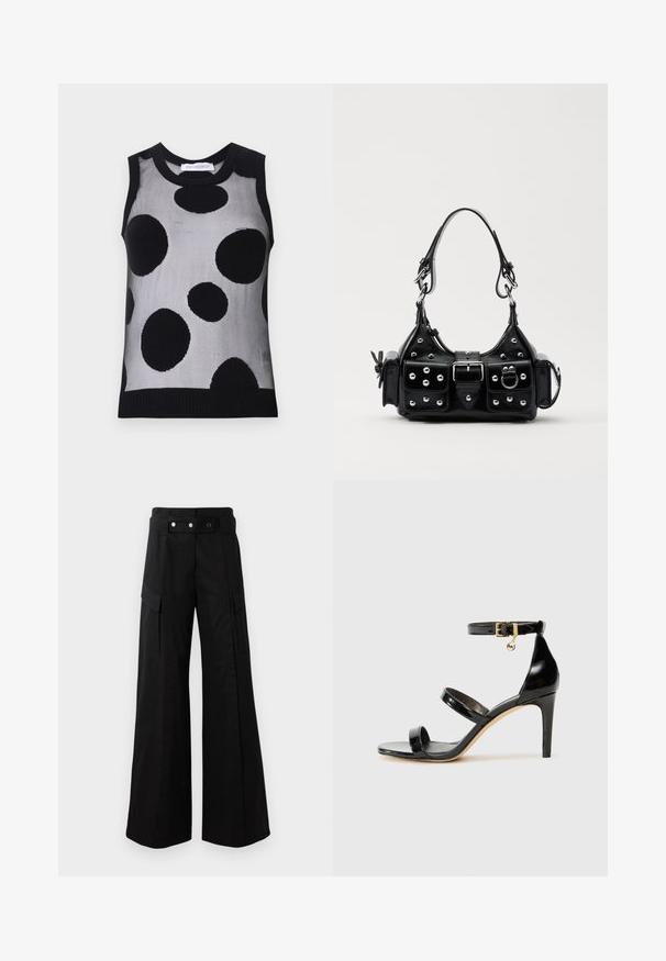 Black and gray sleeveless knit top featuring large black polka dots on a light gray background. Ribbed neckline and hem.; Black wide-leg pants with a high waistband, featuring large side pockets, two front buttons, and a loop detail. Made from sturdy fabric.; Black patent leather sandal with three straps, ankle buckle, and 4-inch stiletto heel. Features gold hardware detail and logo charm.; Black leather handbag with a curved design, featuring silver studs, a buckle, and two side pockets. Adjustable strap for carrying options.