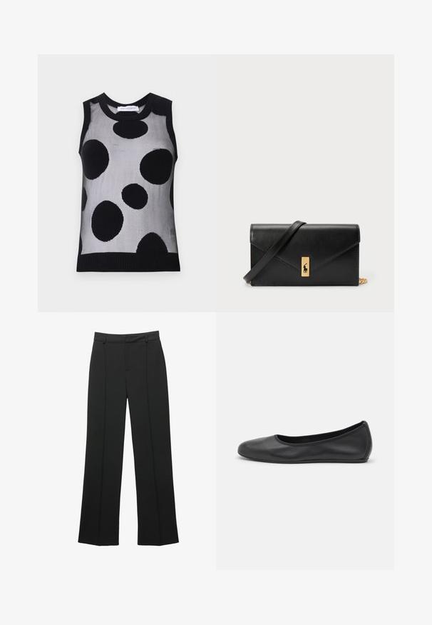 Mustat ja harmaat ilmanhihaiset neulepaidat, joissa on suuria mustia pilkkuja vaaleanharmaalla taustalla. Ribbikuvioitu kaula-aukko ja helma.; Mustat korkeavyötäröiset leveälahkeiset housut, joissa on vyölenkit ja etusaumadetaili, esillä valkoisella taustalla.; Musta nahkainen ballerina, jossa on pyöristetty kärki, sileä pinta, minimaalinen ommelkoristelu ja joustava pohjamuotoilu.; Mustavärinen nahkalompakko, jossa on käännettävä läppä, kultaiset yksityiskohdat ja logoakseli. Mukana irrotettava olkahihna kuljetusta varten.
