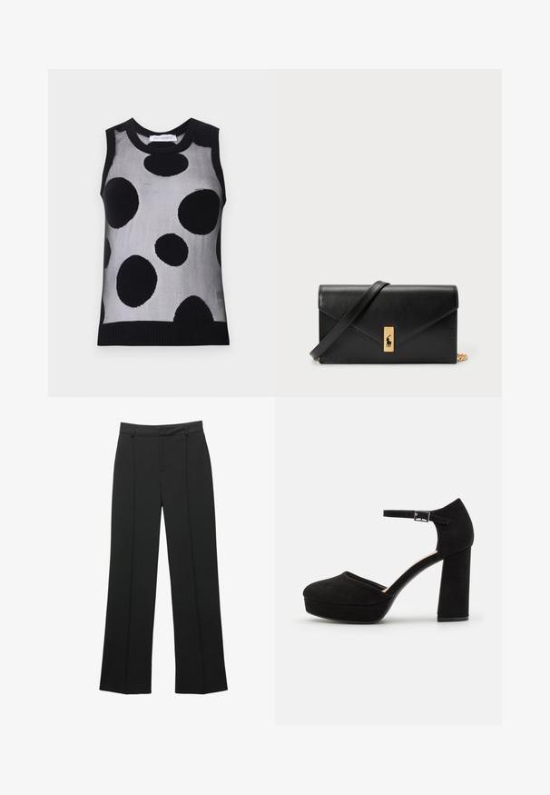 Čierny a sivý bezrukávový pletený top s veľkými čiernymi bodkami na svetlosivom pozadí. Ríbnatý výstrih a spodný lem.; Čierne vysoké široké nohavice s pútkami na opasok a predným švom, vystavené na bielom pozadí.; Čierne semišové platformové opätky s hrubým blokovým opätkom, zaoblenou špičkou a remienkom okolo členka zabezpečeným kovovou prackou. Hladký povrch po celom obvode.; Čierna kožená peňaženka s preklápacou klopou, zlatými kovovými detailmi a logom. Obsahuje odnímateľný popruh na nosenie.