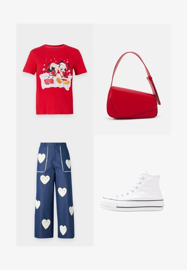 Red short-sleeve shirt with Mickey and Minnie Mouse dressed in Santa outfits, Minnie kissing Mickey on the cheek with snowflake background.; Sister Jane HEART TO HEART - Straight leg jeans - blue denim; White high-top canvas sneaker with black rubber sole, front rubber toe cap, and six eyelets for laces, featuring a clean, minimalist design.; Red leather handbag with an angular, geometric design. Features a single adjustable strap and a flap closure with stitched detailing.