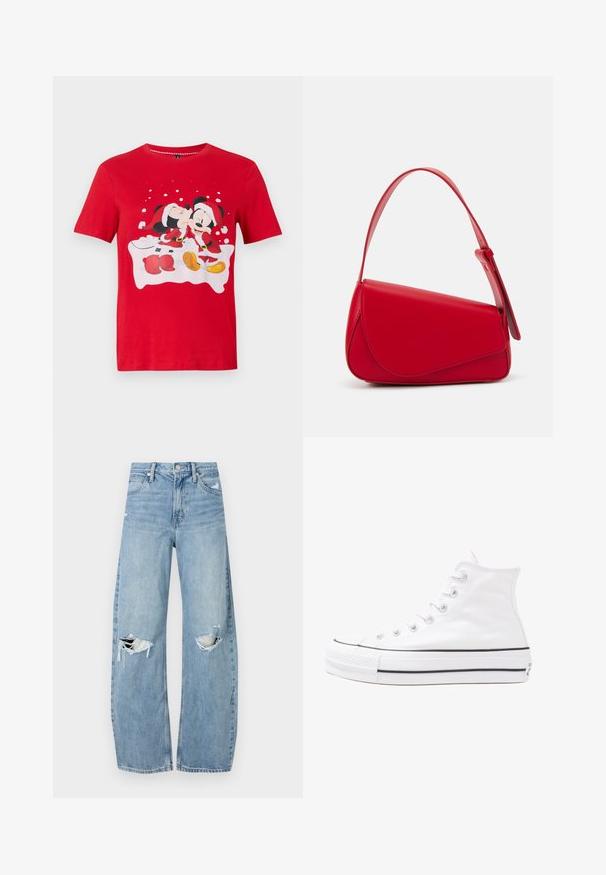 Czerwona koszulka z krótkim rękawem z Mikiem i Minni Mouse u dressed in stroje świętego Mikołaja, Minni całująca Mikiego w policzek na tle płatków śniegu.; Jasnoniebieskie, wysokiej talii dżinsy wykonane z denimu. Posiadają szerokie nogawki, dwa podarte miejsca na kolanach oraz klasyczne pięć kieszeni.; Białe wysokie trampki z płótna z czarną gumową podeszwą, przednim czubkiem z gumy i sześcioma dziurkami na sznurowadła, charakteryzujące się prostym, minimalistycznym designem.; Czerwona skórzana torebka o kanciastym, geometrycznym designie. Posiada jedną regulowaną rączkę oraz zapięcie na klapę z przeszyciami.
