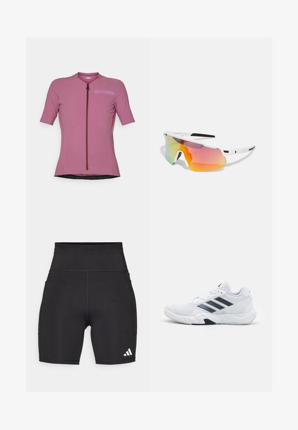 Koszulka rowerowa z krótkim rękawem w jasnoróżowym kolorze, z zamkiem błyskawicznym z przodu, teksturowanym materiałem i łatą z logo w odcieniu nieco ciemniejszym.; Czarne spodenki sportowe wykonane z elastycznego materiału. Wysoki stan, długość do połowy uda, z białym logo w postaci trzech pasków na dolnej lewej stronie.; Białe buty sportowe z siateczkową cholewką, trzy czarne paski po boku, teksturowane akcenty i solidna gumowa podeszwa z kontrastującą czarną sekcją.; Sweet Protection SHINOBI UNISEX biały