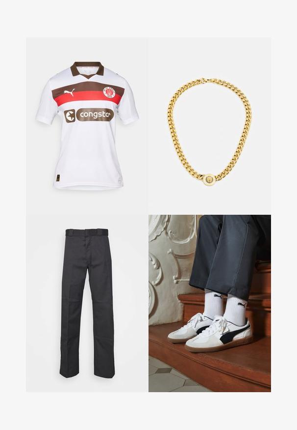 Maglietta da calcio bianca con strisce orizzontali marroni e rosse, dotata di un collo a polo, logo Puma e logo dello sponsor Congstar.; Pantaloni neri realizzati in tessuto resistente, con un design a gamba dritta, una cintura con passanti per la cintura e cuciture per una maggiore texture.; Sneakers Puma in suede bianco e nero, con suola in gomma marrone. Abbinati a calzini bianchi con logo nero, indossati con pantaloni scuri.; Collana in oro con grandi anelli intrecciati, caratterizzata da un dettaglio pendente circolare al centro con un emblema in rilievo.