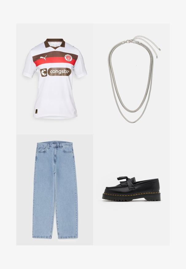 Camisa de futebol branca com riscas horizontais castanhas e vermelhas, apresentando um decote com gola, o logo da Puma e um logo de patrocinador da Congstar.; Jeans de denim azul claro com design de perna reta, apresentando uma cintura de altura média, cinco bolsos e um fecho de botão e zíper.; Mocassim de couro preto com um detalhe de franjas, apresentando uma sola preta robusta e costura amarela ao longo da borda. Acabamento texturizado.; Colar de metal prateado em três camadas, com correntes flexíveis e elegantes que possuem um leve brilho, fechado com um fecho de lagosta e corrente ajustável.