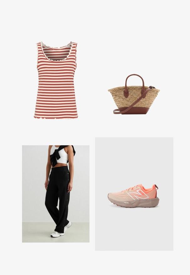 Gestreiftes Trägershirt mit abwechselnd tiefroten und cremfarbenen Streifen, geripptem Textur, gewelltem Ausschnitt und Saum.; Schwarze Jogginghosen mit seitlichen Druckknöpfen, elastischem Bund und zwei seitlichen Taschen. Der Stoff wirkt weich mit einer glatten Textur.; Trailrunning-Schuh in Beige und Koralle mit einem Obermaterial aus Mesh, strukturiertem Profil, reflektierenden Akzenten und einer gepolsterten Zwischensohle, die mit "FuelCell" beschriftet ist.; Geflochtene Strohtasche mit braunen Lederakzenten, zwei Griffen und einem abnehmbaren Gurt. Kurvenform mit einem stabilen Boden.