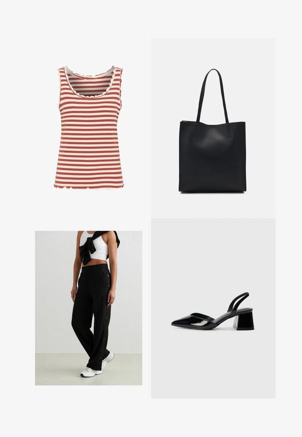 Striped tank top featuring alternating deep red and cream colors, ribbed texture, scalloped neckline, and hem.; Black jogging pants with side snap buttons, elastic waistband, and two side pockets. Fabric appears soft with a smooth texture.; Black patent leather slingback heels with a pointed toe and a geometric block heel. Features a sleek, minimal design and smooth texture.; Black leather tote bag with smooth texture, rectangular shape, and two long handles. No visible hardware or embellishments.
