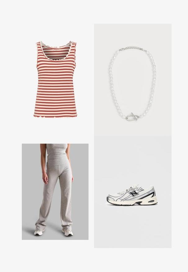 Top senza maniche a righe caratterizzato da colori alternati rosso scuro e crema, texture a coste, scollatura scallop e orlo scallop.; Top gilet grigio a coste e pantaloni abbinati realizzati in materiale elasticizzato. I pantaloni hanno un design svasato e sono abbinati a sneaker chiare.; Sneaker atletico bianco e grigio con logo "N" nero, tomaia in rete, suola ammortizzata e design con lacci, mostrato su uno sfondo grigio chiaro uniforme.; Collana di perle bianche con forme e dimensioni varie, dotata di un fermaglio a chiusura in argento. Texture liscia con finitura lucida.