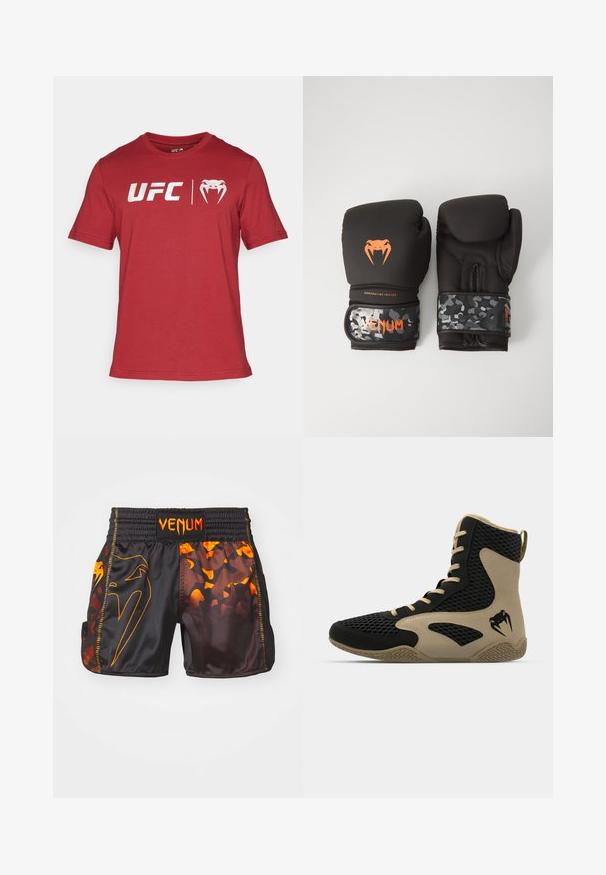 Rød kortærmet t-shirt lavet af bomuld, med "UFC" logo og et designelement af et stiliseret dyrehoved på forsiden.; Sorte og orange Venum shorts med en blank finish, kontrasterende camouflagemønstre og en elastisk talje med logo-detalje.; Høj-top atletisk sko med en sort mesh-yderside og beige accenter. Tekstureret gummisål og detaljeret logo på siden.; Sorte boksehandsker med mat finish og ergonomisk design. Orange logodetaljer og håndledsstropper med camouflage-mønster.