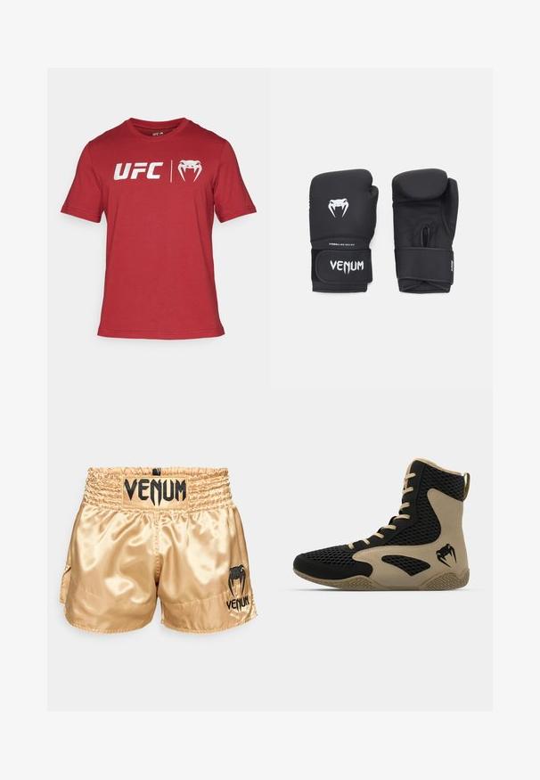 Raudona trumpomis rankovėmis medvilninė marškinėliai su "UFC" logotipu ir stilizuoto gyvūno veido dizaino elementu ant priekio.; Auksiniai satino bokso šortai su juodu "VENUM" logotipu ant juosmens ir šonų, pasižymintys lygiu paviršiumi ir elastingu juosmeniu patogumui.; Aukštesni sportiniai batai, turintys juodą tinklinį paviršių su smėlio spalvos akcentais. Tekstūruota gumos pašiūrė ir logotipo detalė šonėje.; Juodos bokso pirštinės su lygiu paviršiumi, su baltu "Venom" logotipu ir reguliuojamu kabliuko ir kilpelės dirželiu, užtikrinančiu saugų prigludimą.