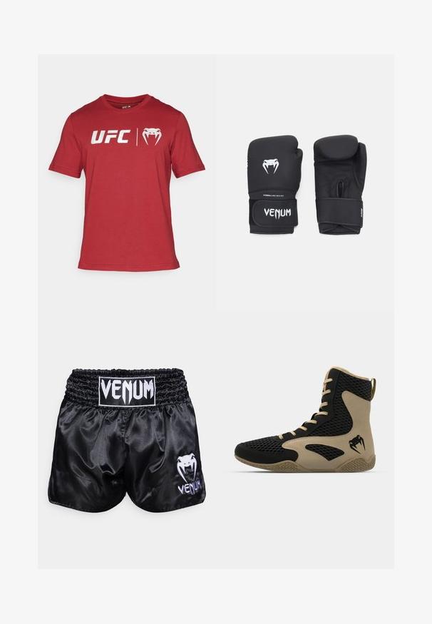 Sarkans īsām piedurknēm T-kreklis, izgatavots no kokvilnas, ar "UFC" logotipu un stilizēta dzīvnieka sejas dizaina elementu priekšpusē.; Melni satīna boksa šorti ar elastīgu jostasvietu; kreisajā kājā ir balts logo un čūskas dizains. Gluda tekstūra.; Augstas augšas sporta apavi ar melnu sietiņu ārpusi un bežām akcentiem. Strukturēta gumijas zole un logo detalizācija sānos.; Melnas boksa cimdi ar gludu virsmu, ar baltu "Venom" logo un regulējamu stiprinājumu ar āķi un cilpu, nodrošinot drošu piegulšanu.