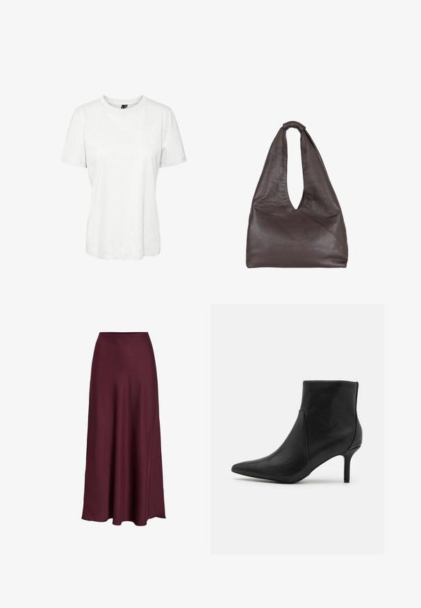 Bílý krátký rukáv tričko vyrobené z bavlny s kulatým výstřihem a volným střih. Hladká textura a žádné viditelné vzory nebo ozdoby.; Burgundská saténová maxi sukně s hladkým povrchem, vysokým pasem a splývavým siluetem, které se jemně rozšiřuje směrem k lemování.; Anna Field Kotníková obuv - black; Hnědá kožená taška s uvolněným, přeplněným designem. Disponuje smyčkovou rukojetí a hlubokým V-výřezem pro snadný přístup. Měkká textura, minimalistický styl.