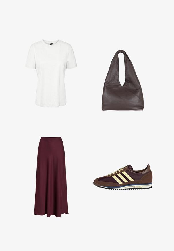 Fehér, rövid ujjú pamut póló, kerek nyakkivágással és laza szabással. Simább textúra, és nincsenek látható minták vagy díszítések.; Bordó selyem maxi szoknya sima textúrával, magas derékkal és egy lágyan elágazó siluettel, amely finoman bővül az alsó szegélynél.; Barna és bordó sneaker velúr és hálós anyagból, három krémcsíkkal, texturált anyaggal a nyelvén és gumitalppal.; Barna bőrtáska laza, túlnyúló dizájnnal. Hurok fogantyúval és mély V-alakú nyílással rendelkezik a könnyű hozzáférés érdekében. Puha textúra, minimalista stílus.