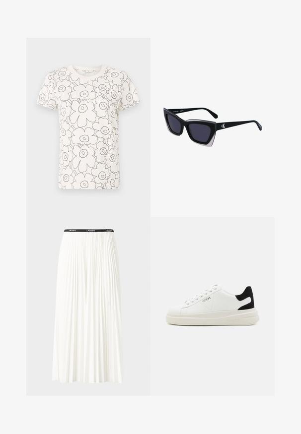 Balta marškinėliai su juodu gėlių kontūro raštu, trumpomis rankovėmis, apvaliu kaklu, minkšta medžiaga, tiesus siluetas, minimalistiškas dizainas.; Pleated balta sijonas su juodu elastiniu juosmeniu, ant kurio yra "LACOSTE" logotipas. Vidutinio ilgio dizainas su švelnia tekstūra.; Baltos odinės sportbačiai su storu baltu padu, juodu nubuko kulno akcentu ir iškilmingu logotipu šone. Su raišteliais, turinčiais šešis akinius.; Juodos didelės saulės akinių su geometrine forma, turinčiais tamsius objektyvus ir kontrastingą pilką detalę ant rėmelio. Logotipas ant šalon.