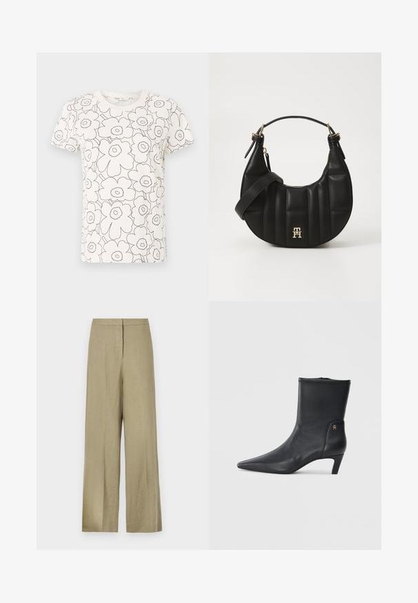 White T-shirt with black floral outline pattern, short sleeves, round neck, soft fabric, straight fit, minimalistic design.; Light green, wide-leg trousers made from linen. Features a high waist and clean front design with a single pleat.; Black leather ankle boots with a pointed toe and a low heel. Features a smooth texture and a small gold logo detail on the side.; Black leather handbag with a curved shape, quilted texture, and gold hardware. Features a detachable shoulder strap and logo detail.