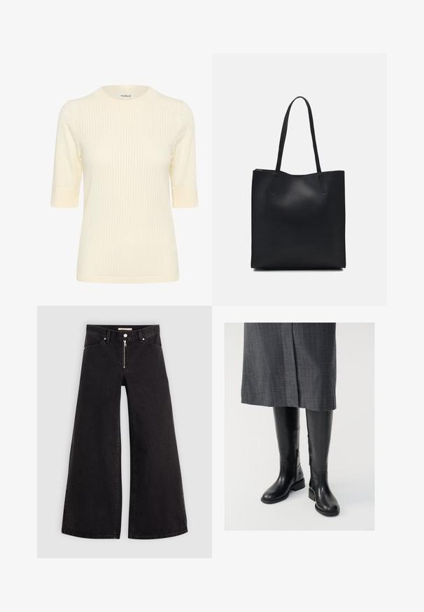 Kermainen ribbikuvioinen lyhythihainen neulepaita, jossa on pyöreä pääntie ja kontrastivärit ribbikuvioiduissa hihoissa. Paita on pehmeästä materiaalista ja tarjoaa slim fit -ilmeen.; Mustat leveälahkeiset farkut, joissa on vetoketjufrunti, viisi-taskuinen muotoilu ja hienovaraiset ompelusyyt. Sileä pinta ja rento tyyli.; Mustat nahkaiset saappaat, jotka ulottuvat polveen, ovat sileäpintaiset, sivuista vetskareilla varustetut ja niissä on litteä pohja. Saappaissa on jämäkkä varsi ja minimaalinen varustus.; Mustapahkainen kangaskassi, jossa on sileä pinta, suorakaiteen muotoinen ja kaksi pitkää kahvaa. Ei näkyvää metalliosaa tai koristeita.