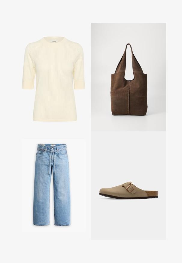 Kreemist ribidega lühikeste varrukatega kampsun, millel on ümar kaelus ja kontrastsed ribilised varrukaotsad. Kampsunil on pehme tekstuur ja esitleb vormi järgivat siluetti.; Heledad sinised laiad püksid kõrge vöökohaga, nupukese ja tõmbluku sulgemisega ning nööridega detailiga vöökoht. Tooriku serv.; Beeži puhtad kingad ümarate varvastega, reguleeritava nahkrihma aktsendiga ja korgist jalanõu sisetallaga. Tekstuuriga pind musta kummitaldaga haardeks.; Pruun suede kott, millel on lahtine disain, kaks pikka sangaga, keskmise õmblusega ja toores serva viimistlus.