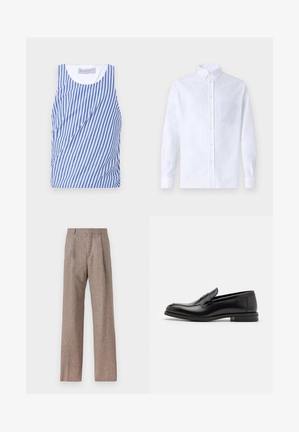 Mėlynos ir baltos juostelės tankų palaidinė su apvalia iškirpte ir šoninėmis raukinėmis. Pagaminta iš lengvos medžiagos su glotnia tekstūra.; Balta ilga rankovė mygtukų marškiniai, pagaminti iš medvilnės, su krūtine kišene ir toniniu siuvinėjimu, apykakle ir mygtukų apvadu.; Rudos, aukšto liemens kelnes, pagamintas iš tekstūruotos medžiagos. Plati kojos, dvi priekinės klostės struktūrai. Tvarkingas apdailos darbai, be matomų detalių.; Juodos odinės loafers, turinčios lygų paviršių, apvalią noselę ir dekoratyvinę juostą per priekinę dalį. Žemas krentantis kulnas, minimalistinis dizainas.
