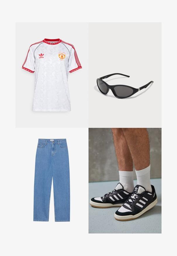 Vit kortärmad fotbollströja med röda accenter, med ett geometriskt mönster och en laglogotyp på bröstet; tillverkad av ett slätt tyg.; Ljusblå denimjeans med rak passform, femficksdesign, enkel knappknäppning och subtila stygn detaljer på sömmarna.; Svartvita sneakers med ovandel i mocka och läder, med tre vita ränder, perforerad tå och sula av gummigummi.; Svarta kattöga-solglasögon med eleganta, matta bågar, mörka linser och silvriga detaljer på skalmarna. Modernt design med skarp form.