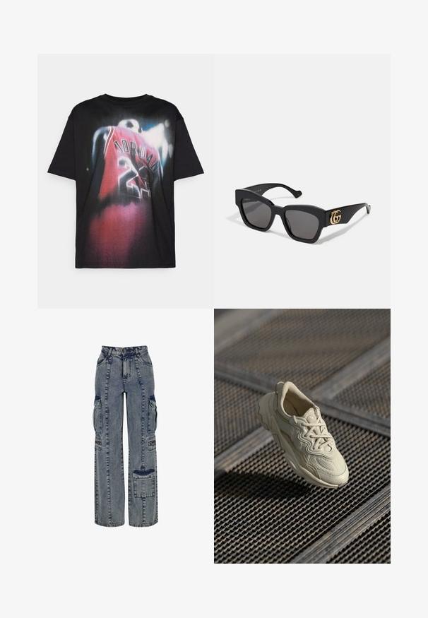 Sort bomulds T-shirt med et grafisk print af en spiller i en rød trøje med "JORDAN" og nummeret "23", med en falmet designeffekt.; Denim cargo bukser i lyseblå. Har vide ben, flere sidelommer og kontrasterende mørke denim detaljer. Struktureret med synlige sømme.; Beige sneakers med tekstureret stof, kontrasterende glatte detaljer, afrundet sål og snørebånd, hængende over en gittermønsteret overflade.; Sorte rektangulære solbriller med mørke linser, udstyret med et guld GG-logo på siden. Fremstillet af blank plastik med lige stelarm.; Sort syntetisk læder håndtaske med en buet design, lynlåslomme foran og dekorativ hardware med en aftagelig rund møntpung.