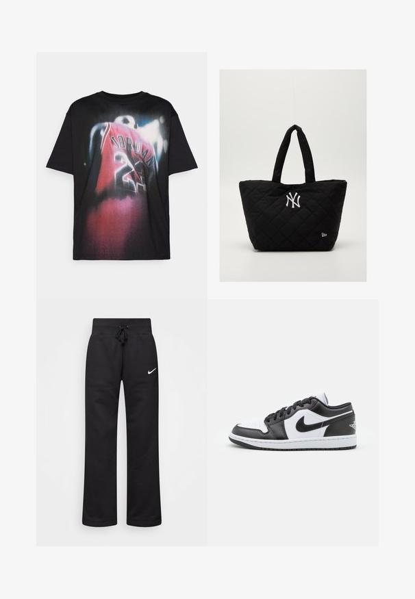 Sort bomulds T-shirt med et grafisk print af en spiller i en rød trøje med "JORDAN" og nummeret "23", med en falmet designeffekt.; Sorte sweatpants lavet af en bomuldsblanding, med en snøre i taljen, lige ben og et hvidt Nike-logo på venstre side.; Sorte og hvide Nike lavtoppede sneakers har en glat læderoverdel, rund tå, snørelukning og en mønstret gummisål.; Quiltet sort tote bag med dobbelte håndtag, med et hvidt New York Yankees-logo og et lille brandemblem på siden.