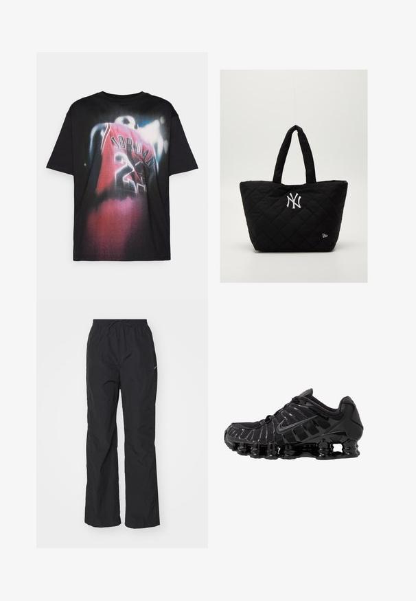 Black cotton t-shirt featuring a graphic print of a player in a red jersey with "JORDAN" and the number "23," with a faded design effect.; Black, lightweight pants with an elastic waistband and drawstring. Features a textured finish and a small reflective logo on the side.; Black athletic shoe with mesh upper and glossy overlays. Features curved coil cushioning and textured lines on the side. Nike logo visible.; Quilted black tote bag with double handles, featuring a white New York Yankees logo and a small brand emblem on the side.