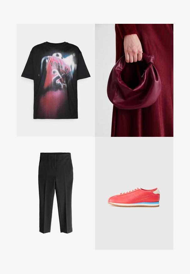 Juodas medvilnės marškinėliai su grafiniu atvaizdu, vaizduojančiu žaidėją raudonieje marškinėliuose su užrašu „JORDAN“ ir numeriu „23“, su išblukusio dizaino efektu.; Juodos, tamprios kelnės su plačiu elastingu juosmeniu. Turi tiesų kirpimą ir šoninius įpjovimus ties kulkšnimis, kad būtų lengviau judėti.; Raudonų odinių sportbačių su perforuotu dizainu, kontrastinga mėlyna vidurinė dalis, smėlio spalvos kulno akcentas ir balti raišteliai. Klasikinė kreivė.; Bordo odinė rankinė su minkštu, susiraukšlėjusiu dizainu ir apvalia forma. Rankena yra tvirtai pritvirtinta, atskleidžianti lygią tekstūrą.