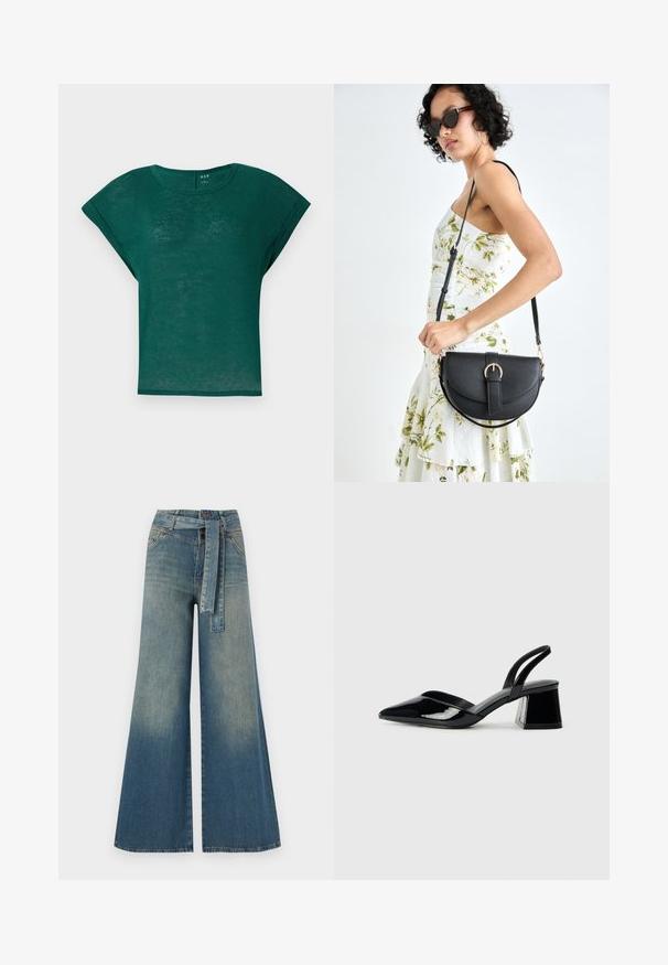 Zeleno-turkizna majica s kratkimi rokavi, okroglo izrezana in sproščenega kroja. Mehka, lahka tkanina z nekoliko prosojno teksturo.; Široke jeans hlače z gradientom od svetlo do temno modre, visokim pasom, zankami za pas in pasom iz istega materiala. Tekstura denim končnica.; Črne lakirane slingback pete s koničastim nosom in geometrijsko blokasto peto. Imajo eleganten, minimalističen dizajn in gladko teksturo.; Črna usnjena torbica s ukrivljeno obliko, z odstranljivo naramnico in zlatimi dodatki. Torbica ima pokrov s podrobnostmi v obliki zaponke.