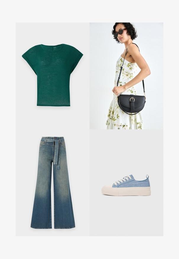 Tumesinine lühikeste varrukatega särk, ümarate kraega ja laheda lõikega. Pehme, kerge materjal, millel on veidi läbipaistev tekstuur.; Laiad denimpüksid, millel on hele tume sinine gradiendiefekt, kõrge vöökoht, vöökumlid ja sobivast kangast vöö. Struktureeritud denimi viimistlus.; Heledad sinised kangast tennisekingad koorevärvi kummist varbakatte ja taldaga, millel on valged paelad ja tõmblukk kandadel.; Mustmust mustraha kõverate joontega, eemaldatava rihmaga ja kuldsete detailidega. Kotil on klapp, millel on pandladetail.