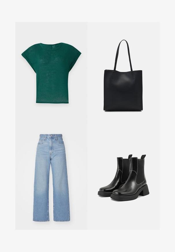 Teal green lyhythihainen paita, jossa on pyöreä pääntie ja rento leikkaus. Pehmeä, kevyt kangas, jossa on hieman läpikuultava rakenne.; Vaalean siniset korkeavyötäröiset löysät farkut, joissa on etuvetoketju ja nappikiinnitys, sekä edessä että takana taskut, valkoista taustaa vasten.; Mustat nahkaiset Chelsea-kengät paksulla korolla, joustavilla sivupaneeleilla ja kontrastilla valkoisella ompelulla. Teksturoitu pinta.; Mustapahkainen kangaskassi, jossa on sileä pinta, suorakaiteen muotoinen ja kaksi pitkää kahvaa. Ei näkyvää metalliosaa tai koristeita.