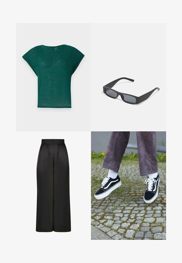 Teal grøn kortærmet skjorte med rund hals og afslappet pasform. Blødt, letvægtsstof med en let gennemsigtig tekstur.; Sorte brede bukser lavet af glat, skinnende stof med elastisk talje og uden synlige lommer eller hardwaredetaljer.; Sorte ruskinds sneakers med hvide accenter, med rund tå, tyk hvid sål og klassisk snørebåndsdesign, båret med hvide sokker og lilla bukser.; Sorte rektangulære solbriller med mørke linser og tykke matte stel. Armen er let tilspidset med en glat overflade.