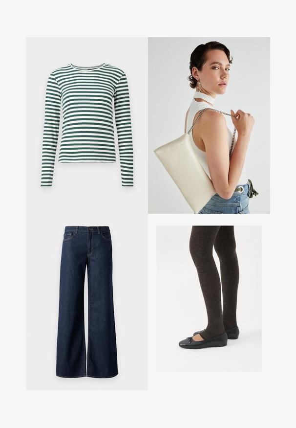 Camisa de mangas longas com riscas horizontais verdes e brancas, com um decote arredondado e um silhueta ajustada.; Jeans de perna larga em denim azul escuro. Apresenta costura em contraste, cinco bolsos e um fecho de botão na cintura. Textura lisa.; Sapatos planos pretos com um pequeno laço na ponta, emparelhados com meias-calças caneladas castanhas escuras. Os sapatos têm uma textura suave e um design discretamente baixo.; Bolsa de mão retangular branca, feita de material brilhante, com uma alça em corrente prateada. Modelo posa, exibindo a bolsa contra um fundo simples.