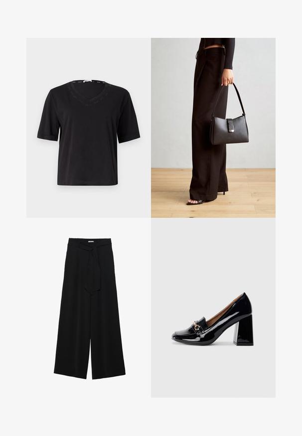 T-shirt nero a maniche corte realizzato in cotone morbido con scollo a V e dettaglio del logo testurizzato lungo il collo. Vestibilità regolare.; Pantaloni neri a gamba larga caratterizzati da un tessuto testurizzato, una vita elastica e una cintura staccabile per una vestibilità regolabile.; Scarpa con tacco alto in pelle verniciata nera con punta affusolata e tacco quadrato. Presenta un cinturino decorativo con dettaglio di fibbia sul collo del piede.; Borsa nera con forma strutturata, texture liscia e una chiusura metallica. Abbinata a pantaloni neri larghi e sandali open-toe su un pavimento in legno.