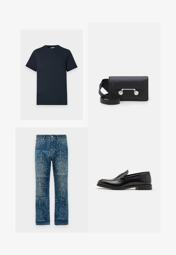 Námořnická modrá bavlnená tričko, krátke rukávy, okrúhly výstrih, s textúrovaným dizajnom loga na hrudi v svetlejšom odtieni.; Džínsy zo stredne modrého prania, majúce zložitý svetlomodrý vzor, rovný strih, klasický päť-vreckový štýl a zapínanie na gombík.; Čierne kožené mokasíny s hladkou textúrou, zaoblenou špičkou a dekoračným pásikom cez priehlavok. Nízky vrstvený opätok, minimalistický dizajn.; Čierna kožená crossbody taška s klopovým uzáverom, strieborné nity a dve okrúhle ozdoby. Obsahuje odnímateľný popruh. Hladký povrch.