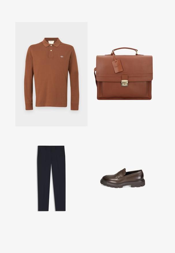 Braunes Langarm-Poloshirt aus Baumwolle mit Drei-Knopf-Leiste und gesticktem Logo auf der Brust. Glatte Textur.; Marineblaue Hose mit maßgeschneiderter Passform, ausgestattet mit zwei Vordertaschen, einem flachen Design und einer glatten Textur. Keine sichtbaren Muster oder Verzierungen.; Desa Slipper - brown; Braune Lederaktentasche mit Klappe, Oberhandgriff, abnehmbarem Schultergurt, goldenen Beschlägen und einem Gepäckanhänger mit Markennamen.; Silberne Metall-Uhr mit einem gebürsteten blauen Zifferblatt, weißen Stundenmarkierungen und einem Datumsanzeiger. Verfügt über ein verlinktes Metallarmband und ein Markenlogo.