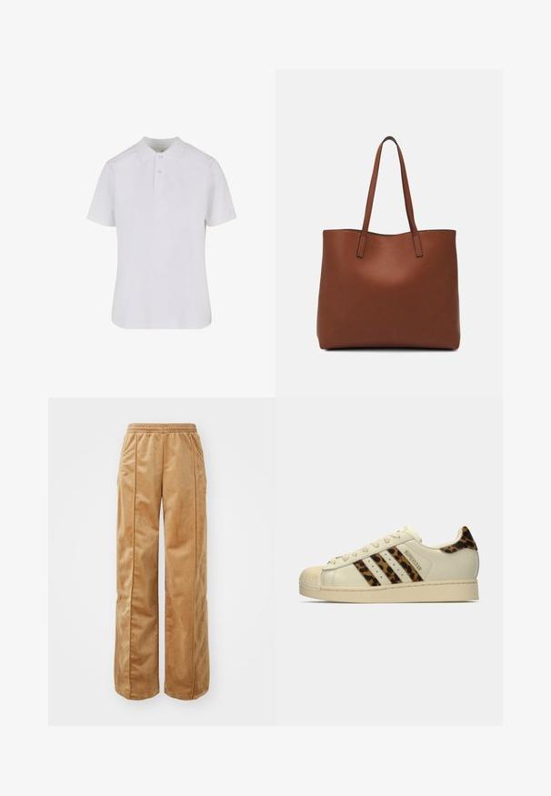 Baltas trumpas rankovėmis polo marškinėliai, pagaminti iš medvilnės. Turi apykaklę, trijų mygtukų užtrauktuką ir sustiprintą siuvimą. Lygus paviršius.; Kreminės pločio kojų kelnės, pagamintos iš švelnaus, veliūrinio audinio. Yra elastinga juosmens juosta ir vertikalios siūlės priekyje, suteikiančios papildomo akcento.; Off-white Adidas Superstar sportbačiai su leopardų raštu juostomis ir kulno lipduku, smėlio spalvos guminiu, apvaliu nosimi ir "SUPERSTAR" tekstu šone.; Ruda odinė priekabų krepšys su glotnia tekstūra, atviru viršumi ir dviem petnešomis. Su minimalia siuvimo detalėmis ir nematoma aparatūra.