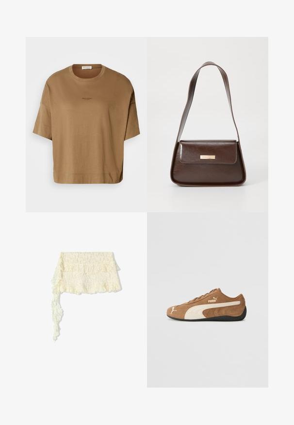 Ruskea ylisuuri T-paita, jossa on lyhyet hihat, pyöreä kaula-aukko ja hillitty musta logotyyli. Pehmeä kangas, jossa on sileä rakenne.; Nauha jalokivivärin valkoisena, röyhelöillä reunassa; sisältää monimutkaisia kukkakuviota; virtaa lempeästi pitkän, laahustavan pään kanssa.; Ruskean nahkaiset alhaiset tennarit, joissa on kerma valkoisia yksityiskohtia, teksturoitu pinta, musta kumipohja ja brodeerattu logo sivulla ja kielessä.; Ruskea nahkainen olkalaukku, jossa on rakenteellinen muotoilu, ja jossa on magneettinen läppäkiinnitys sekä metallinen logo korostus edessä.