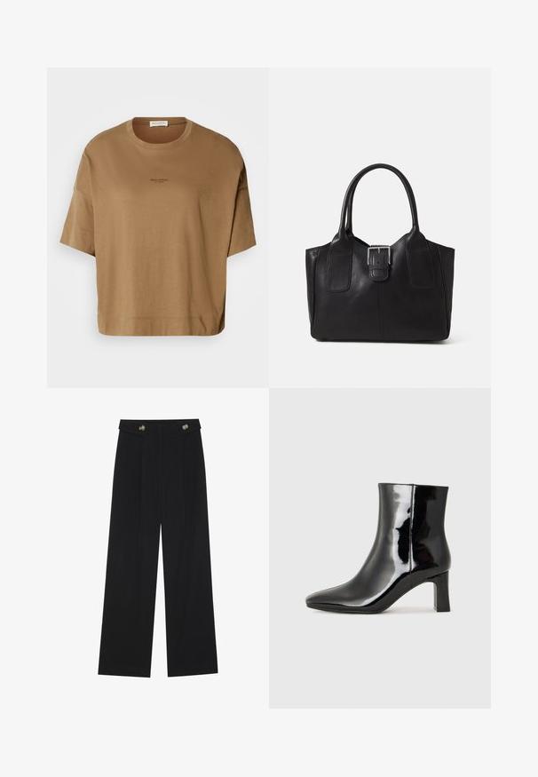 Rjava oversize majica s kratkimi rokavi, okroglo izrezano in s subtelnim logotipom v črni barvi. Mehka tkanina z gladko teksturo.; Črne široke hlače s visokim pasom, gumbnimi detajli na pasu in sprednjimi gubami.; Črne lakirane gležnjarje z ošiljenim nosom in srednje visokim blokastim peto. Gladka tekstura in minimalističen dizajn.; Črna usnjena torba s gladko teksturo, strukturirano obliko, dvema ročkama in izrazitim srebrnim sponko na sprednji strani.