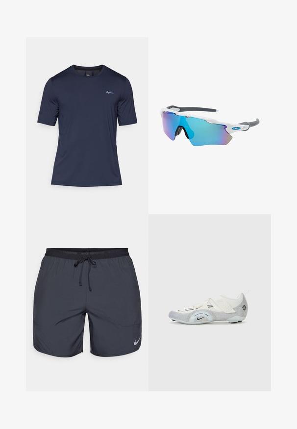Tumed sinine lühikese varrukaga sportlik t-särk venivast kangast, ümmarguse kaelusega ja vasakul rinnal tikitud logo. Sile tekstuur.; Nike jooksulühikesed tumedashallid, elastse vöökoha ja paelaga, ning hõbedane logoaktsent paremas allnurgas.; Valged ja hõbedased jalgrattaste kingad, millel on võrkturvas, tekstureeritud detailid, reguleeritavad rihmad ja kummist välistald, mis tagab haarde ja stabiilsuse.; Valged raamidega päikeseprillid, hallide aktsentidega ja siniste peegelprillidega. Sportlik disain, ümber keha kujundus ja reguleeritavad ninasillad.