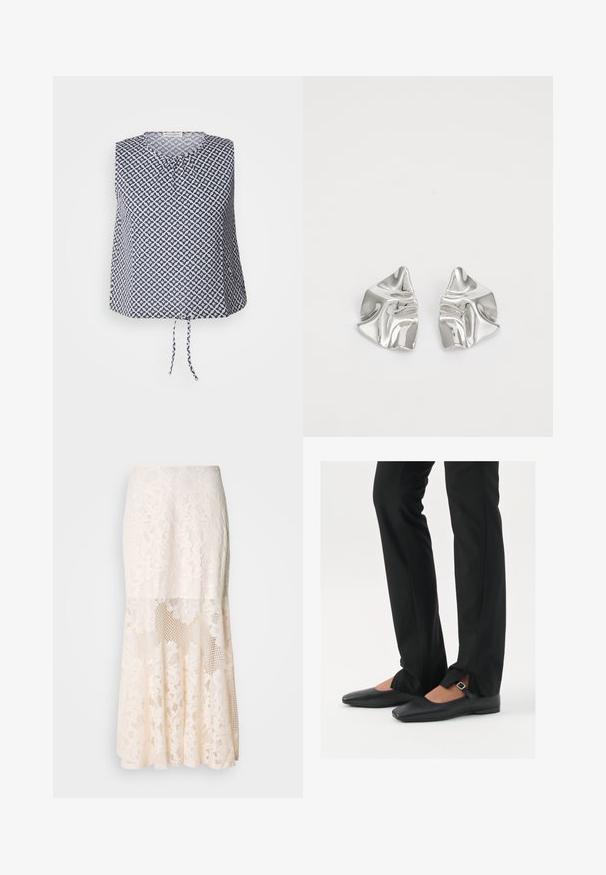 Top senza maniche in navy e bianco, con un motivo geometrico a stelle, scollatura rotonda e un dettaglio con laccetto all'orlo. Tessuto morbido e leggero.; Gonna midi in pizzo floreale color crema; presenta un design a strati con sezioni trasparenti, pizzo testurizzato e un orlo svasato.; Ballerine in pelle nera con punta appuntita, cinturino con fibbia in argento, abbinate a pantaloni neri su misura con orlo a spacco.; Orecchini in metallo argento con un design ondulato e scultoreo, caratterizzati da una finitura lucida e forme irregolari, che evidenziano un'estetica contemporanea.
