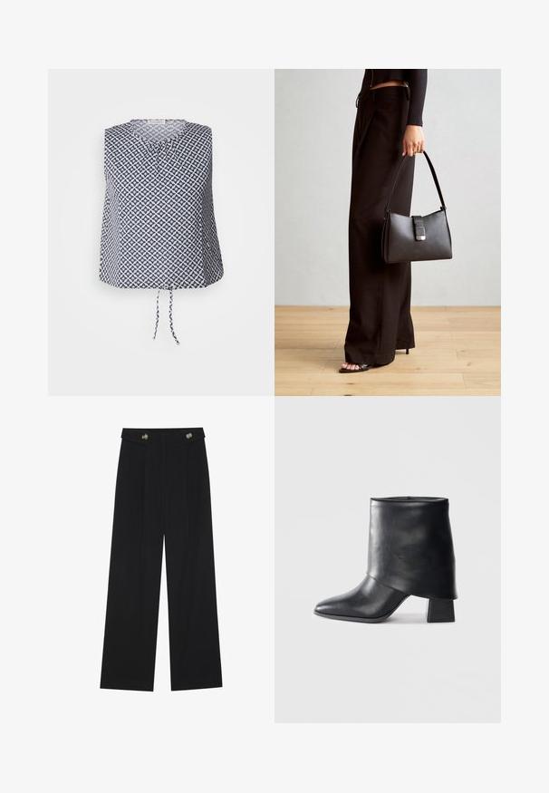 Ujjatlan, navy és fehér színű felső, geometrikus csillagmintával, kerek nyakkivágással és megkötő részlettel az alján. Puha, könnyű anyag.; Fekete, bő szárú nadrág magas derékkal, gombos részletekkel a derékrészen és elülső pliszékkal.; Fekete bőr bokacsizma, hegyes orral, sima felülettel és strukturált blokk sarokkal. Magas, hajtott szegéllyel rendelkezik.; Fekete kézi táska strukturált formával, sima textúrával és fémből készült záródással. Széles fekete nadrággal és nyitott orrú szandállal párosítva, fából készült padlón.