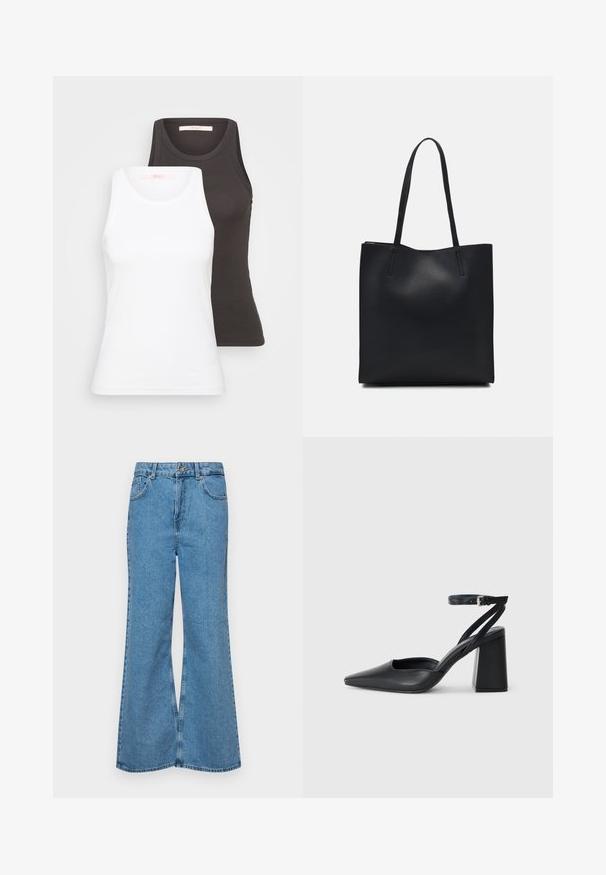 Two tank tops in white and dark gray, featuring a ribbed texture, round necklines, and sleeveless design. Labels are on the inside neckline.; Light blue flared jeans made of denim, featuring a high waist, five pockets, and a single button closure. Soft texture with faded finish.; Black leather pointy-toe pump with an ankle strap and a chunky heel. Flat texture, sleek design, and minimalistic aesthetics.; Black leather tote bag with smooth texture, rectangular shape, and two long handles. No visible hardware or embellishments.