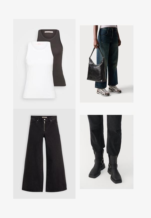 Two tank tops in white and dark gray, featuring a ribbed texture, round necklines, and sleeveless design. Labels are on the inside neckline.; Wide-leg jeans in black denim with a zippered front, five-pocket design, and subtle stitching details. Smooth texture and casual style.; Black leather ankle boots with a square toe, featuring a wide strap and metal buckle detail. The boots have a chunky sole and smooth texture.; Black leather shoulder bag with a smooth texture and adjustable strap, paired with faded wide-leg jeans and athletic sneakers.