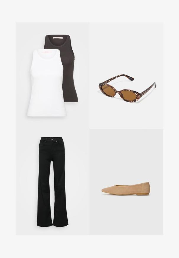 Zwei Tanktops in Weiß und Dunkelgrau mit gerippter Textur, rundem Ausschnitt und ärmellosem Design. Die Etiketten befinden sich im Innenausschnitt.; Schwarze, ausgestellte Jeans aus Denim, mit hoher Taille, fünf Taschen und Metallknopfverschluss. Glatte Textur mit minimaler Gestaltung.; Beige Wildleder Ballerinas mit spitzem Schuh sowie niedrigem Absatz, glatter Textur und minimalistischem Design. Keine sichtbaren Beschläge oder Verzierungen.; Sonnenbrille aus Schildpatt mit ovalen Gläsern, braun getönt, dünnen Bügeln mit strukturiertem Muster, leichtem Kunststoffrahmen.